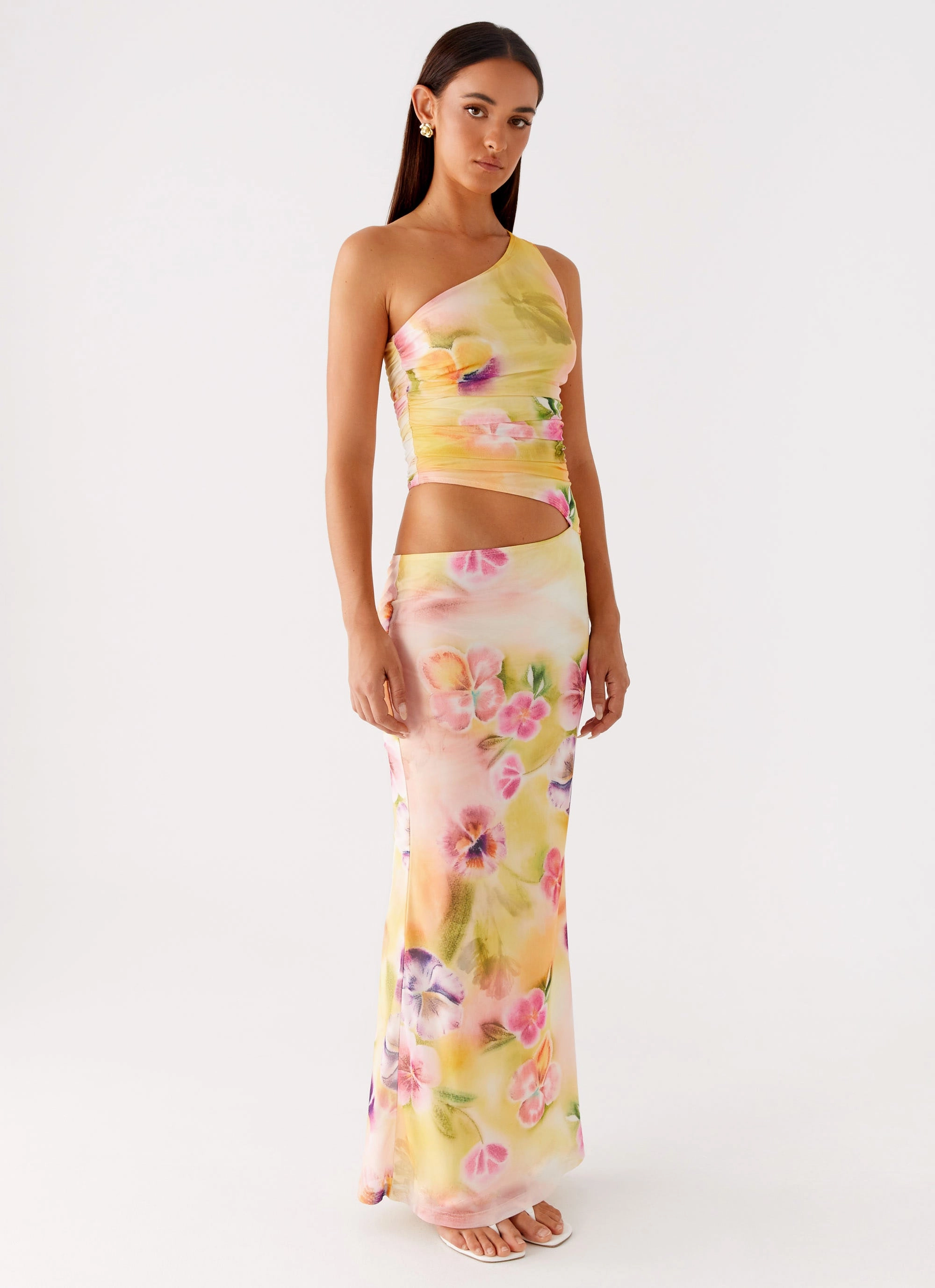 Seranella One Shoulder Maxi Dress - Sunburst Floral Event Glow