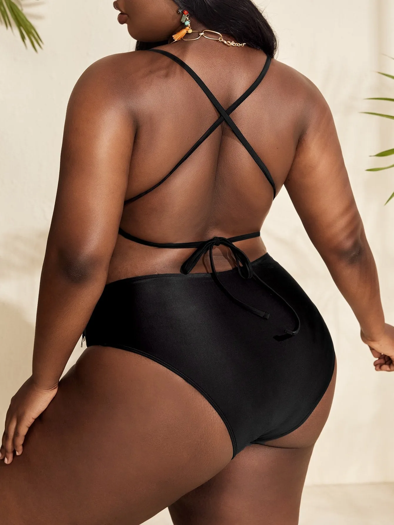 Sexy Plain Fringe V Neck Plus Size Bikini Sets