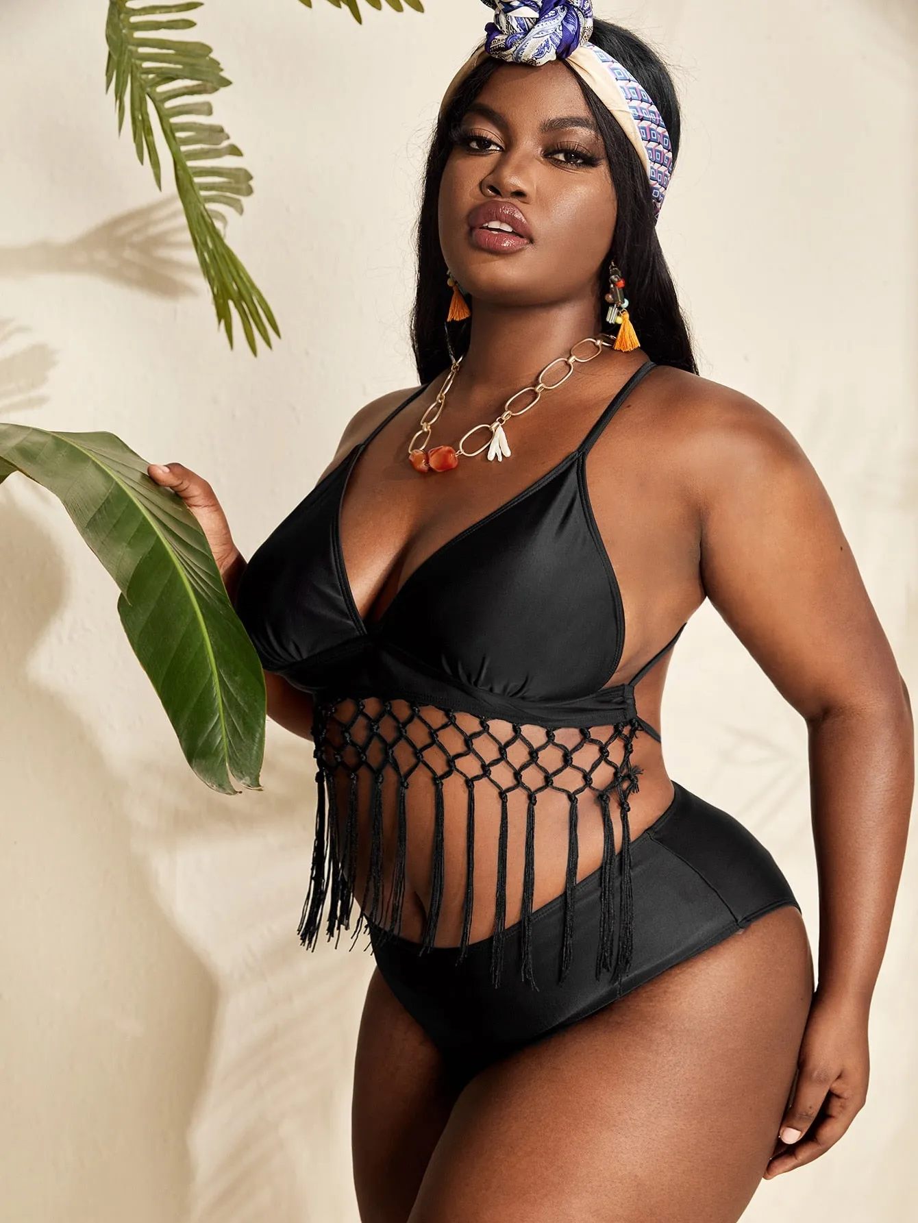 Sexy Plain Fringe V Neck Plus Size Bikini Sets