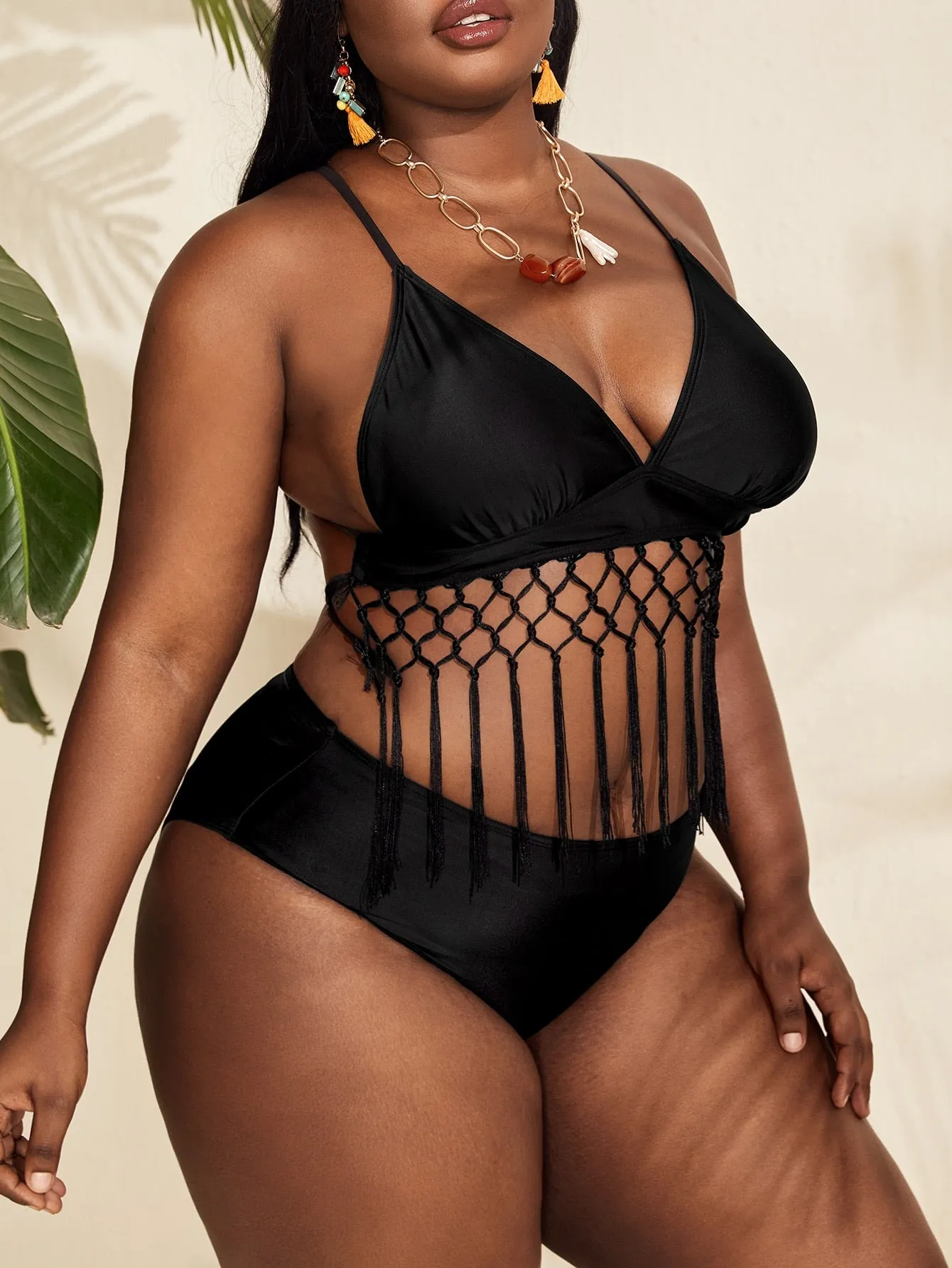 Sexy Plain Fringe V Neck Plus Size Bikini Sets