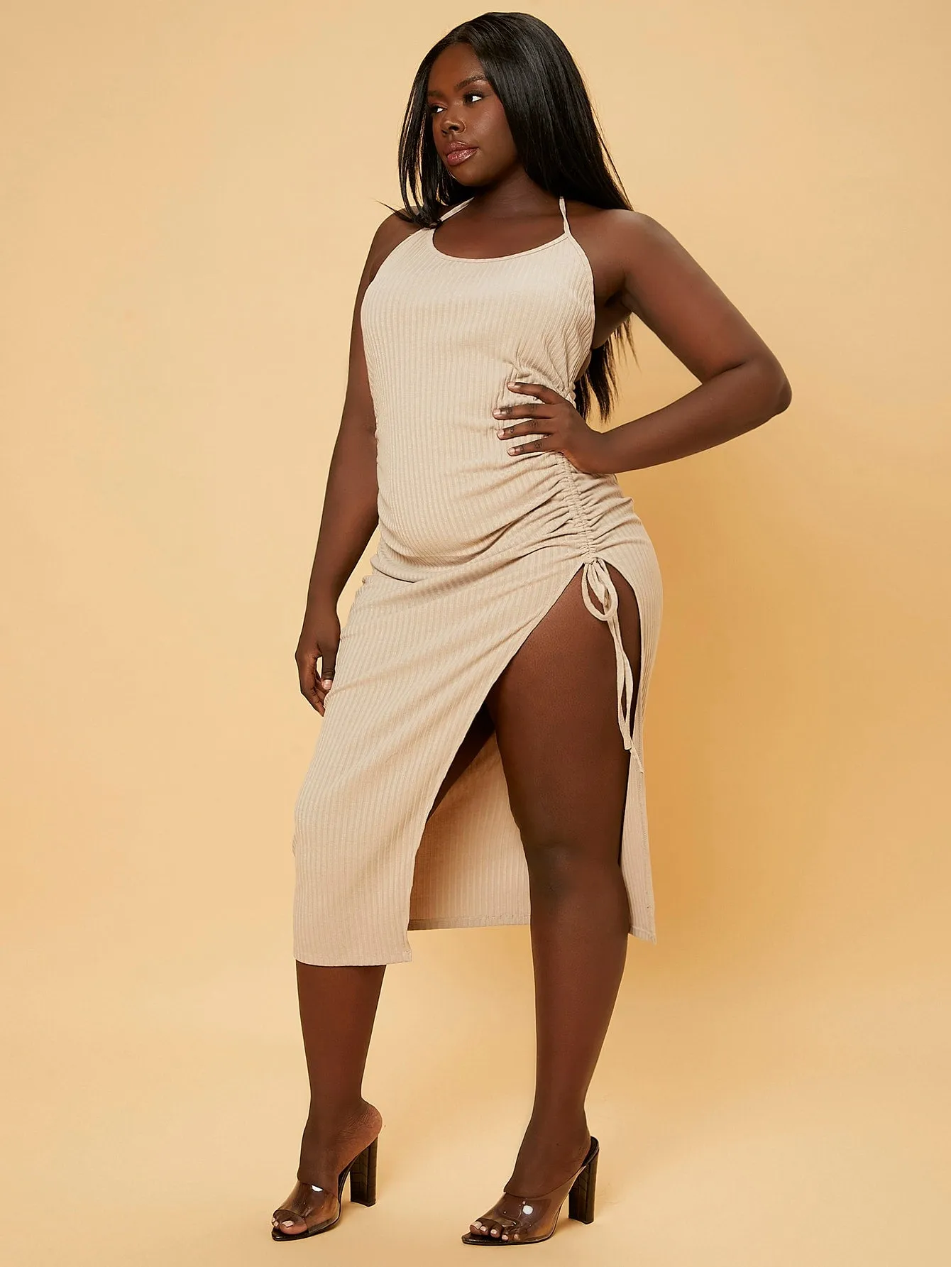 Sexy Plain Split Thigh Sleeveless Halter Asymmetrical Natural Midi Plus Size Dress