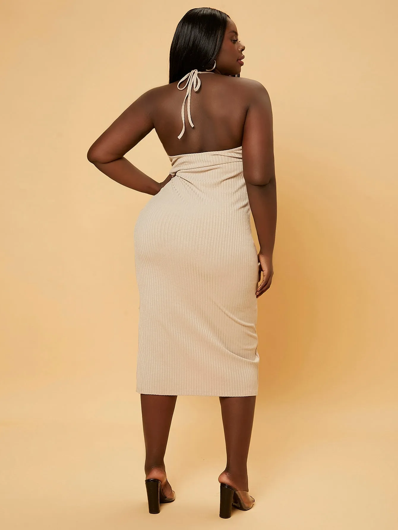 Sexy Plain Split Thigh Sleeveless Halter Asymmetrical Natural Midi Plus Size Dress