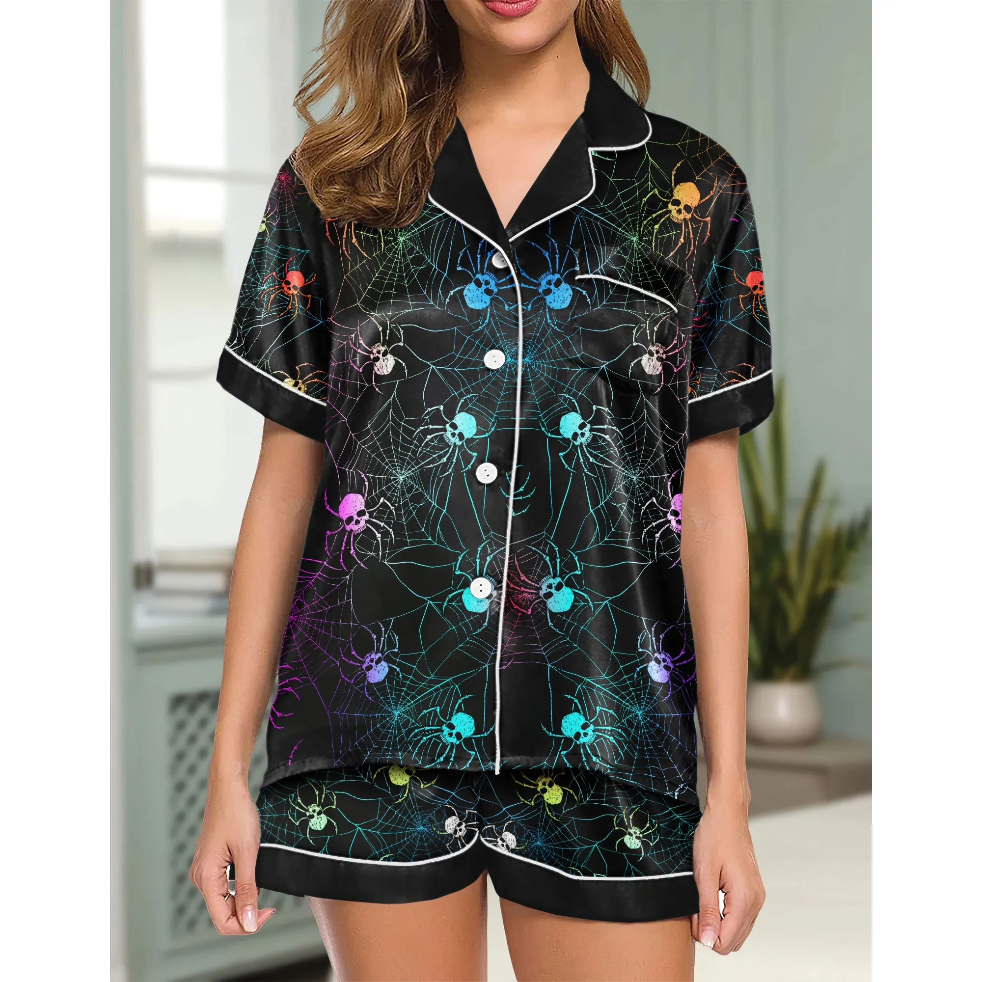 Sexy Rainbow Skull Spider Women's Pajama Sets Top Sleeve & Short Bottom