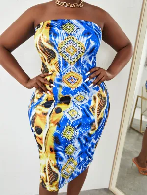 Sexy Snakeskin Print Sleeveless Strapless Pencil Natural Knee Length Plus Size Dress