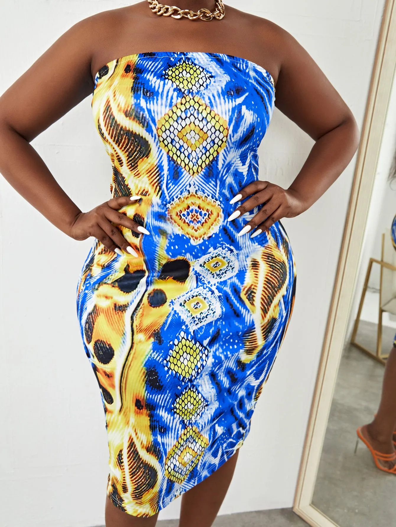 Sexy Snakeskin Print Sleeveless Strapless Pencil Natural Knee Length Plus Size Dress