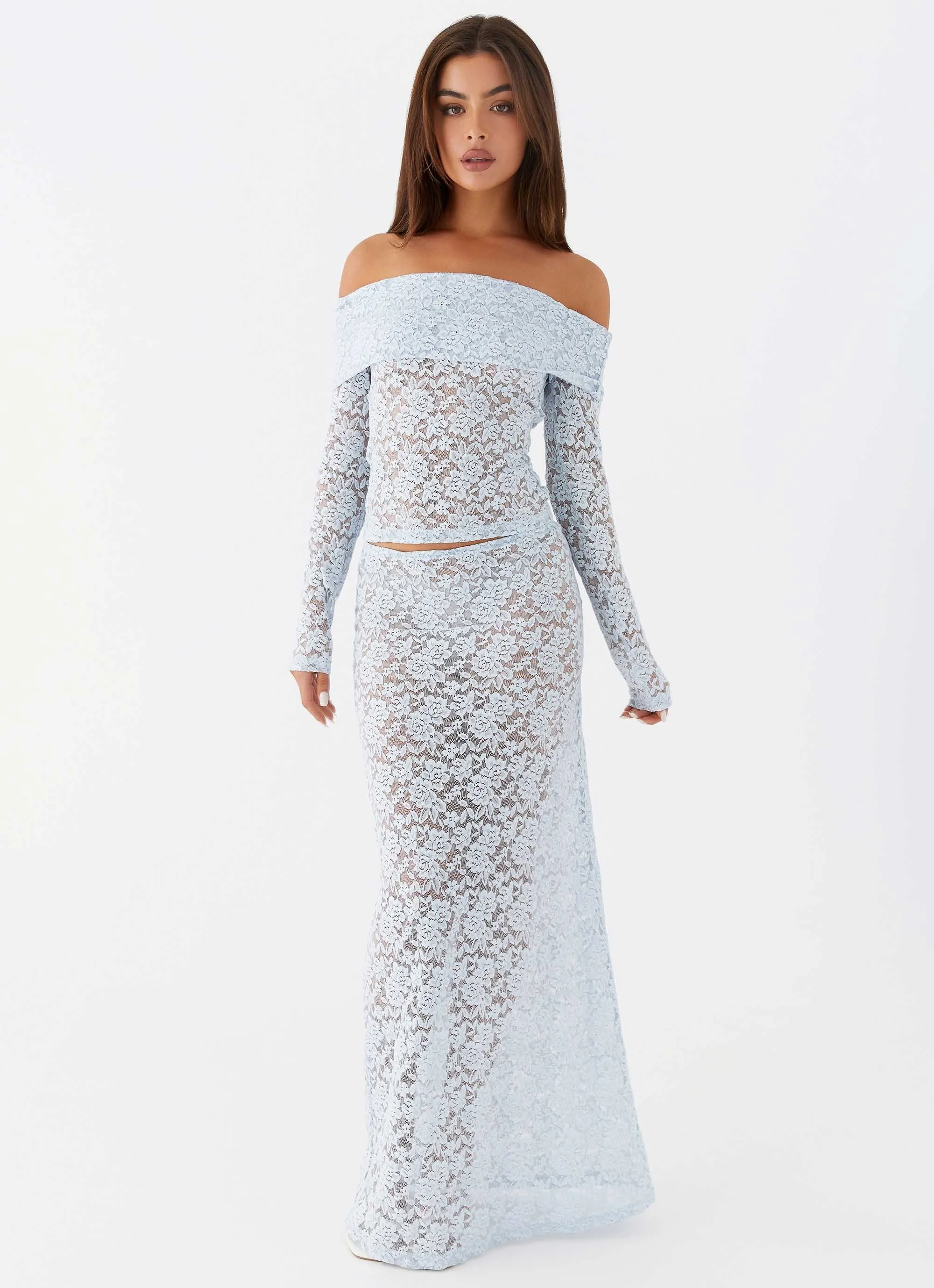 Zephyra Lace Maxi Skirt - Blue Cloud Quiet Style Elastic hemline