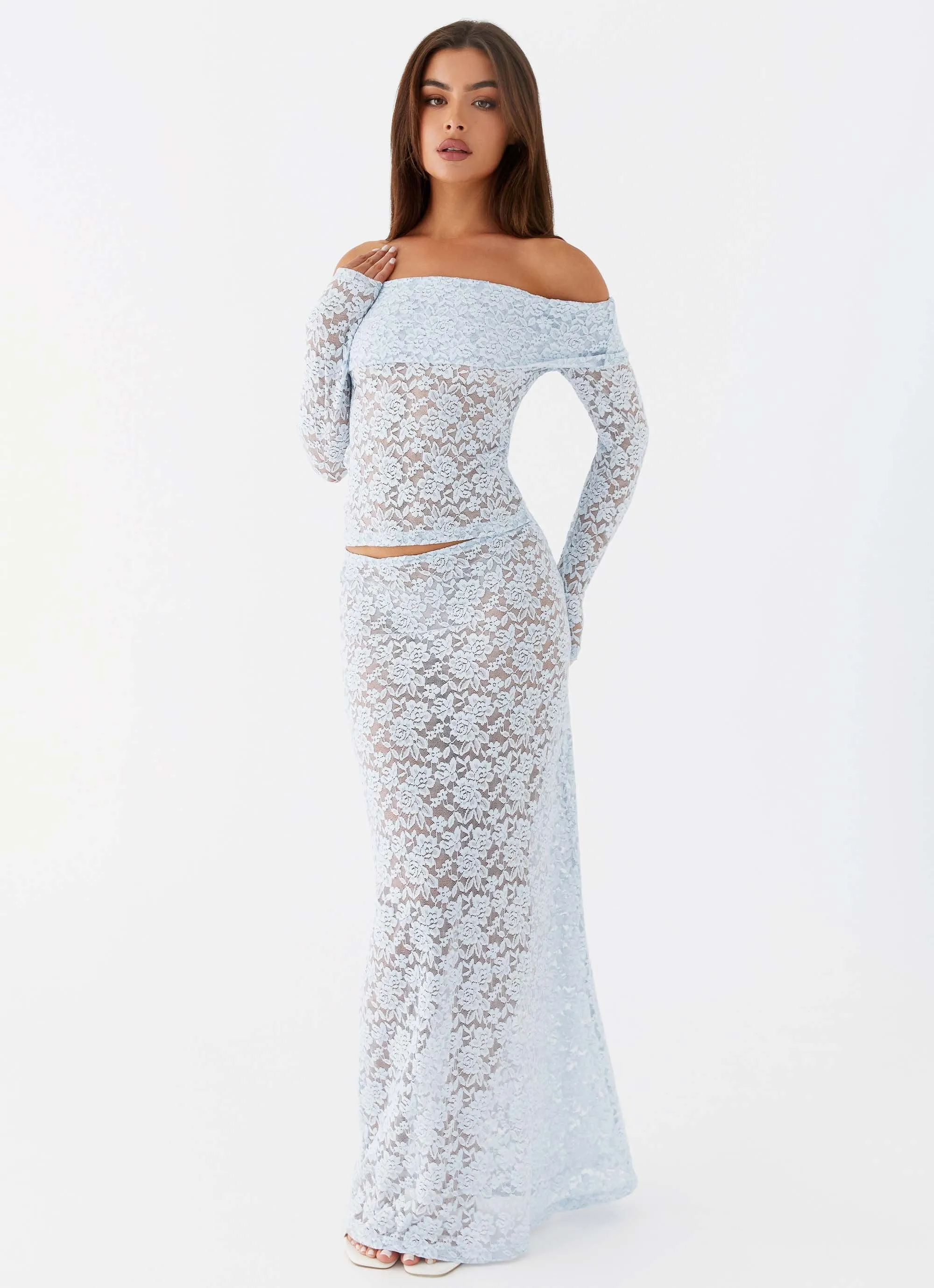 Clean Finish ribbed texture Zephyra Lace Maxi Skirt - Blue Cloud