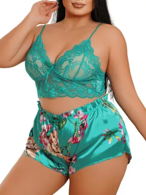 Sheer Lace Lingerie Sets, Sexy Floral Print Pajama, Fit 1XL-4XL, Mesh Satin Plus Size Sleepwear For Curvy Women