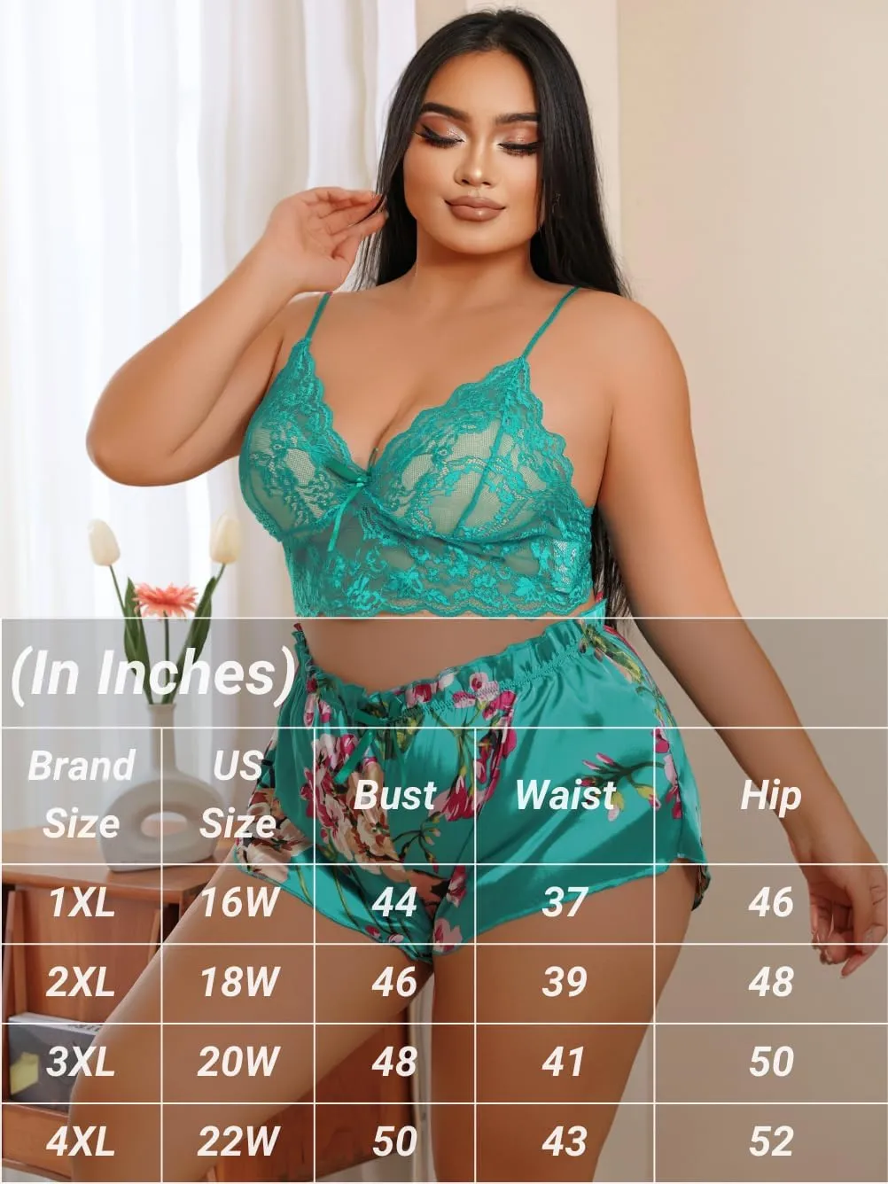 Sheer Lace Lingerie Sets, Sexy Floral Print Pajama, Fit 1XL-4XL, Mesh Satin Plus Size Sleepwear For Curvy Women