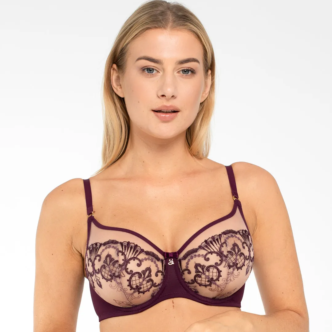 Sheer Mesh Embroidered Full Figure Bra Perla Aubergine
