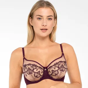 Sheer Mesh Embroidered Full Figure Bra Perla Aubergine