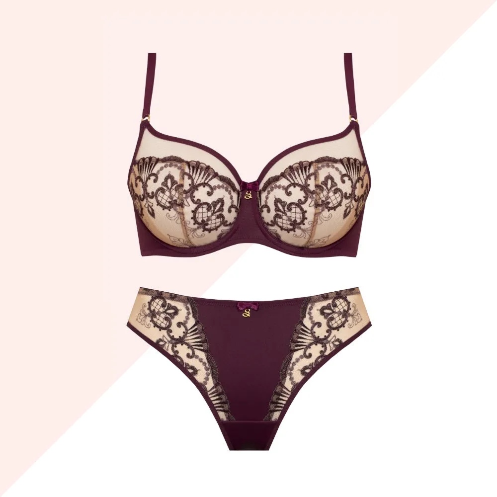 Sheer Mesh Tulle Embroidered Tanga Panty Perla Aubergine