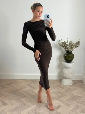 Shimmer Finish Katie Slinky Maxi Dress / Chocolate Katie Slinky Maxi Dress / Chocolate Peplum-Style Warm Undertone