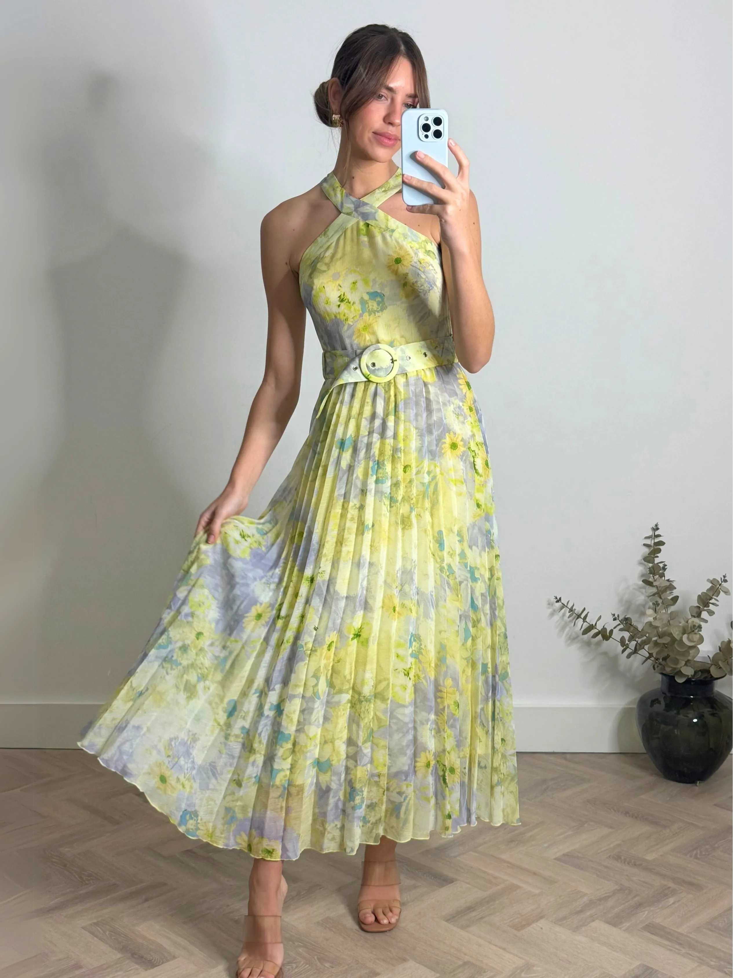 Artisanal-Detail Paige Halter Pleated Belted Dress / Lemon Floral