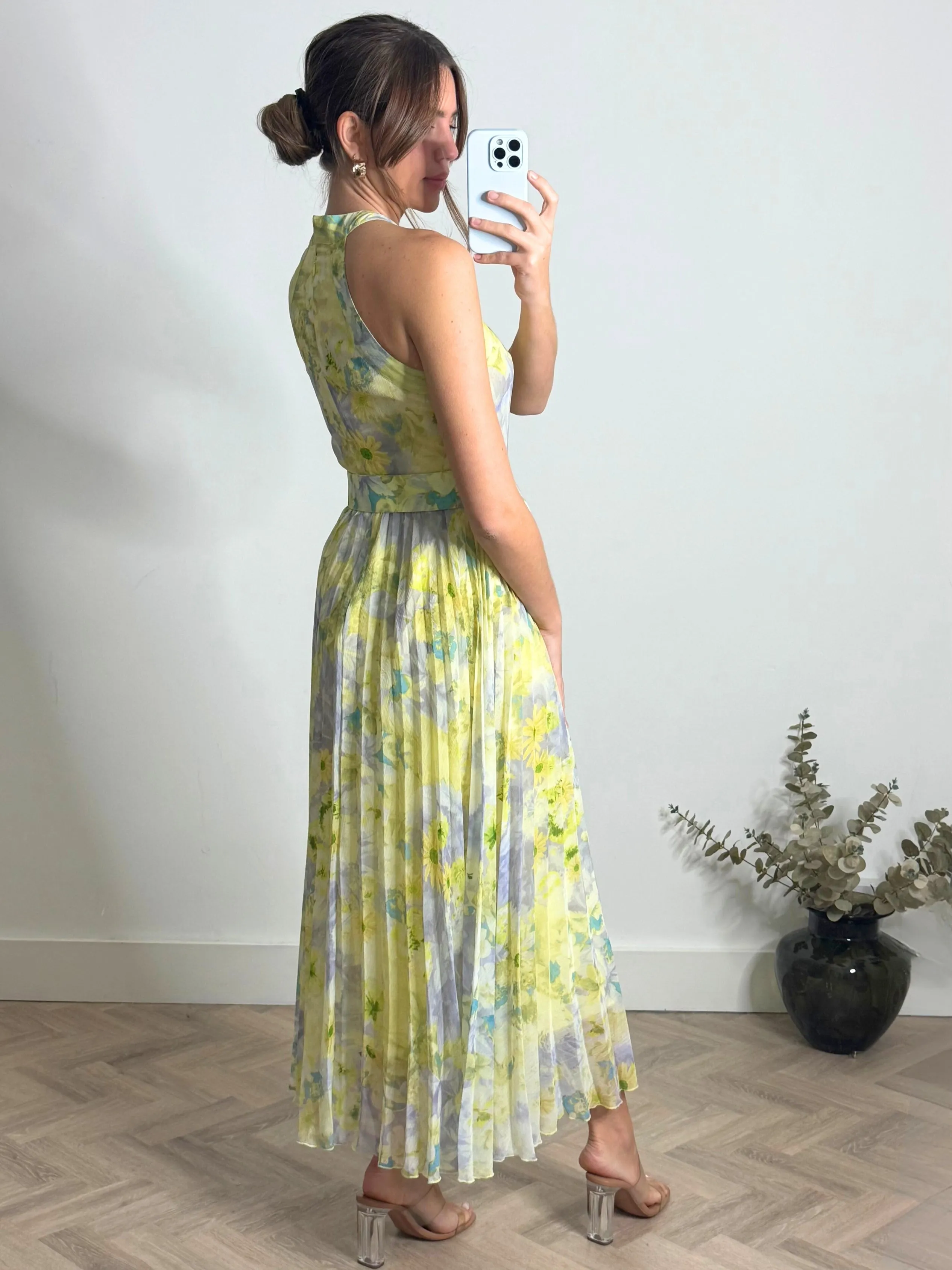 Paige Halter Pleated Belted Dress / Lemon Floral Aura Glow