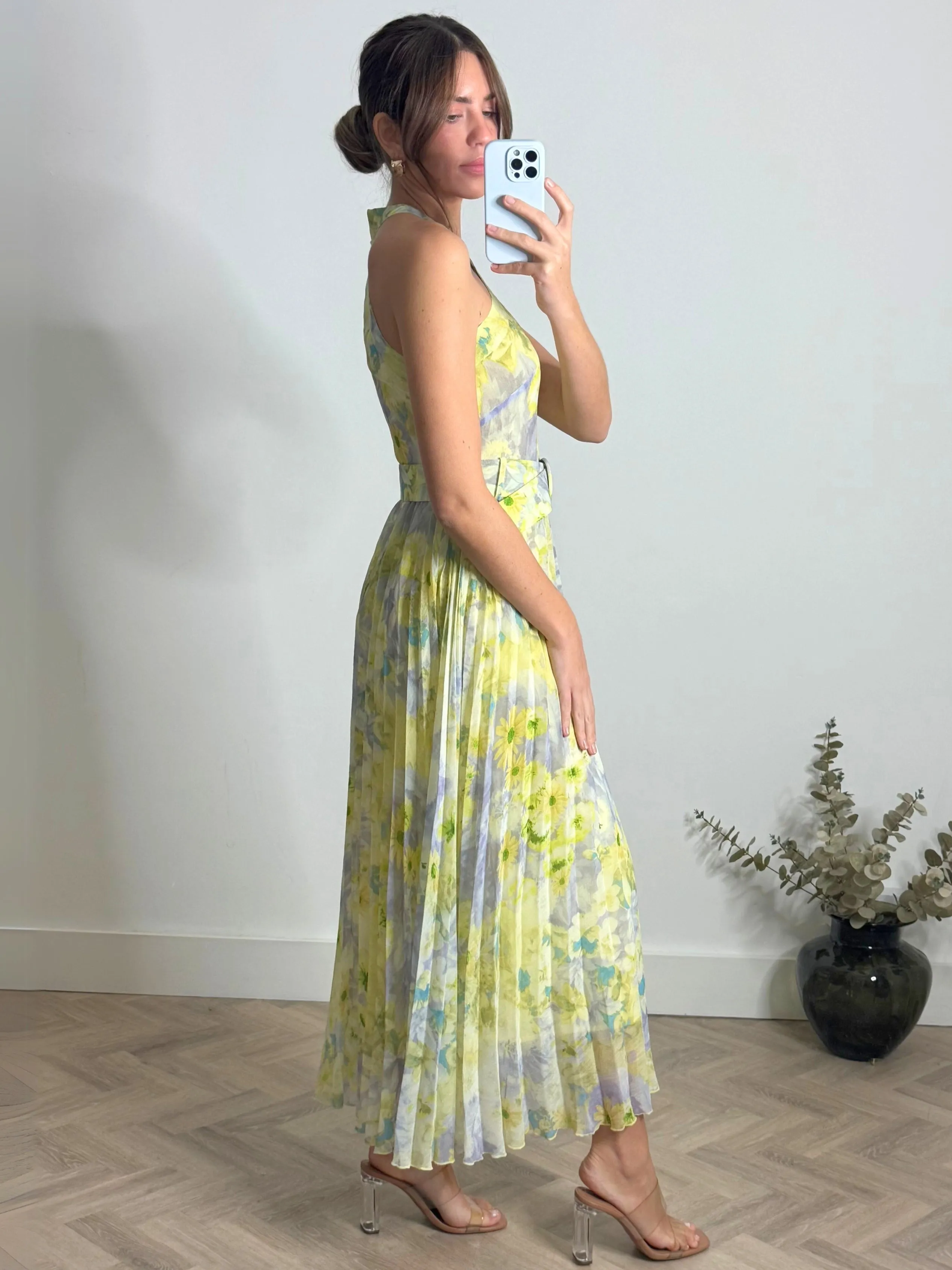 Timeless Wearable Paige Halter Pleated Belted Dress / Lemon Floral