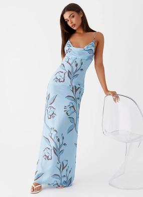Shiny Satin Felicia Daisy Maxi Dress - Blue Floral Light Coral Felicia Daisy Maxi Dress - Blue Floral