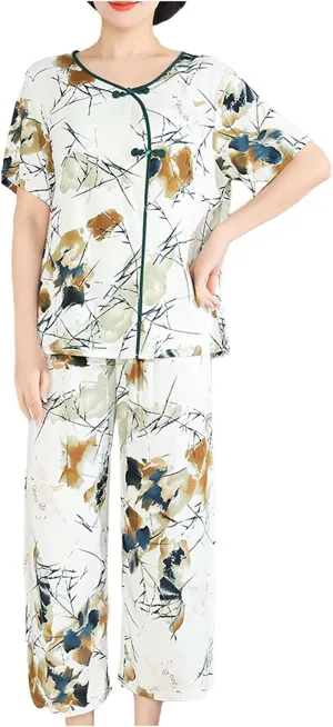 Short Sleeve Pajamas for Women Vintage Frog Button Floral Print Loose Capri Pants Pjs Summer Sleepwear 2 Pieces Lounge Sets