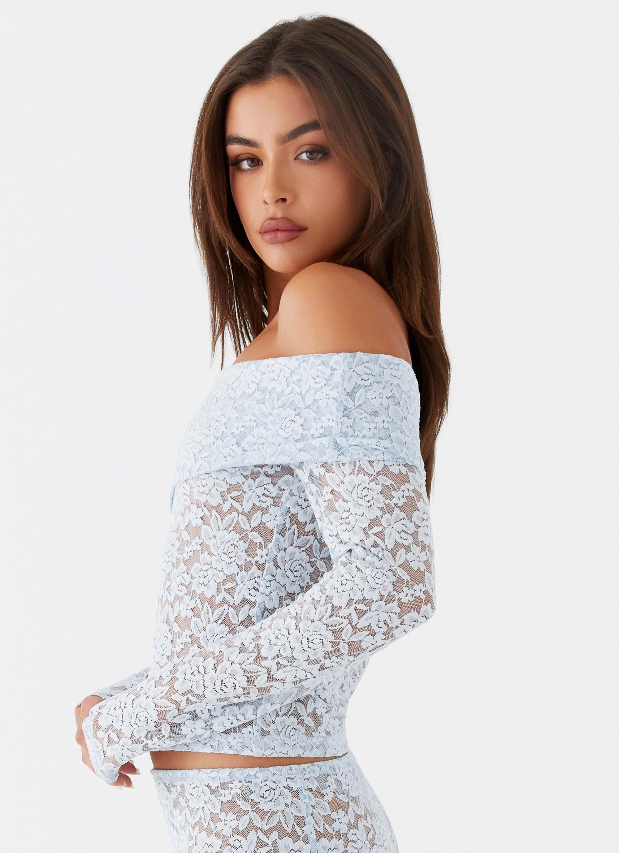 Zephyra Lace Long Sleeve Top - Blue Cloud Foldable Storage