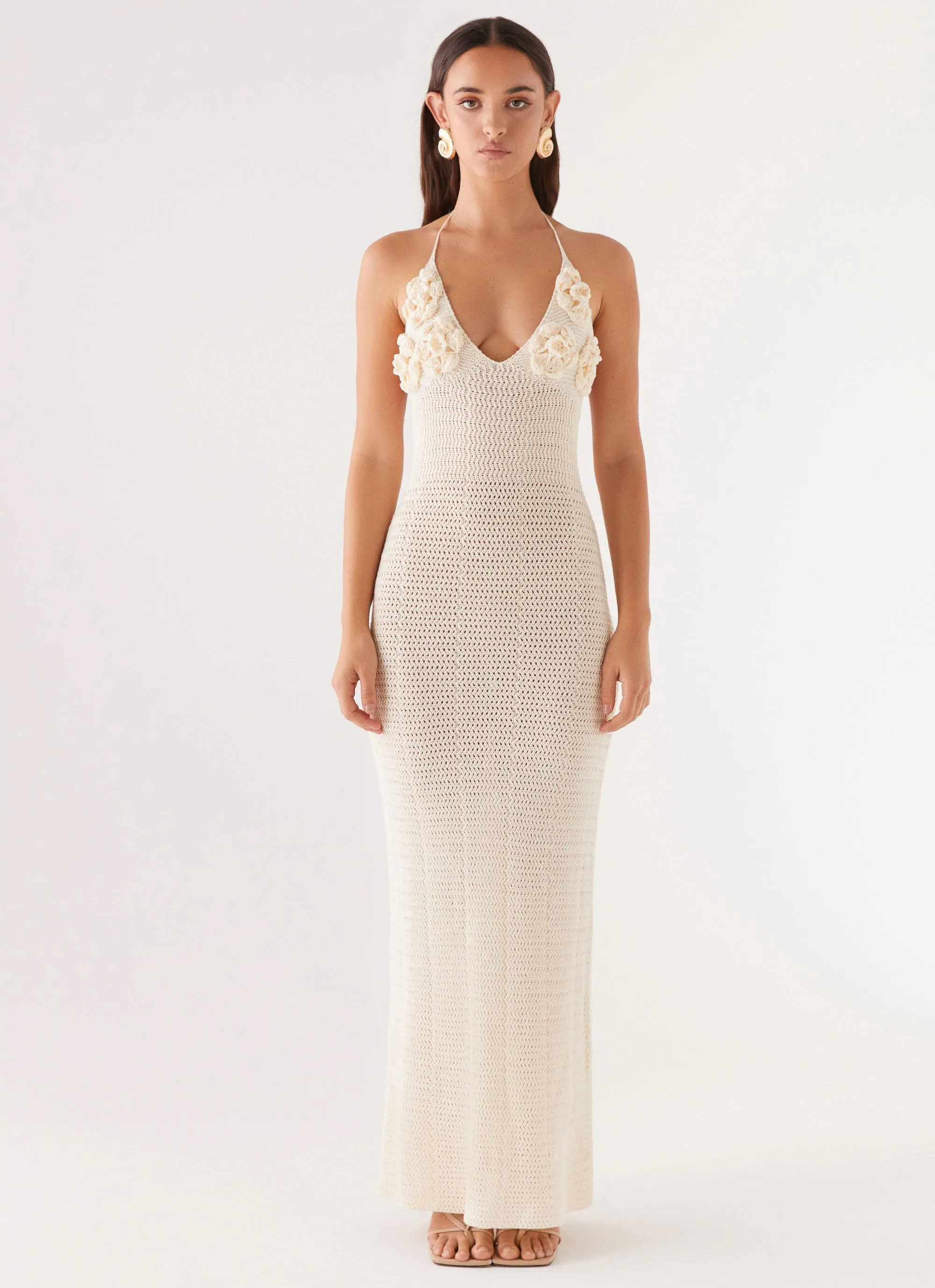 Zara Rose Crochet Maxi Dress - Ivory Chic Ensemble