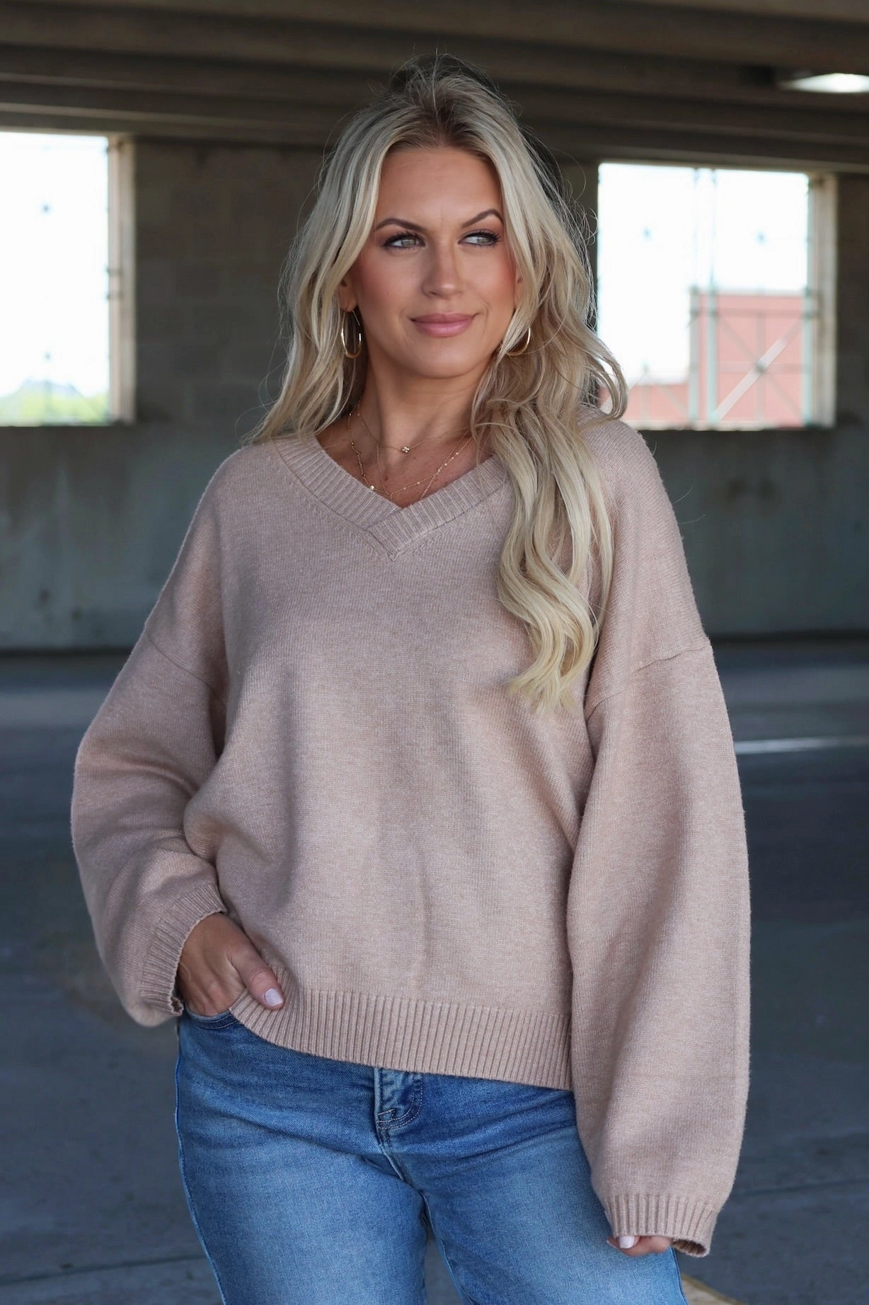 LayeredCuff Erin V-Neck Sweater - Beige