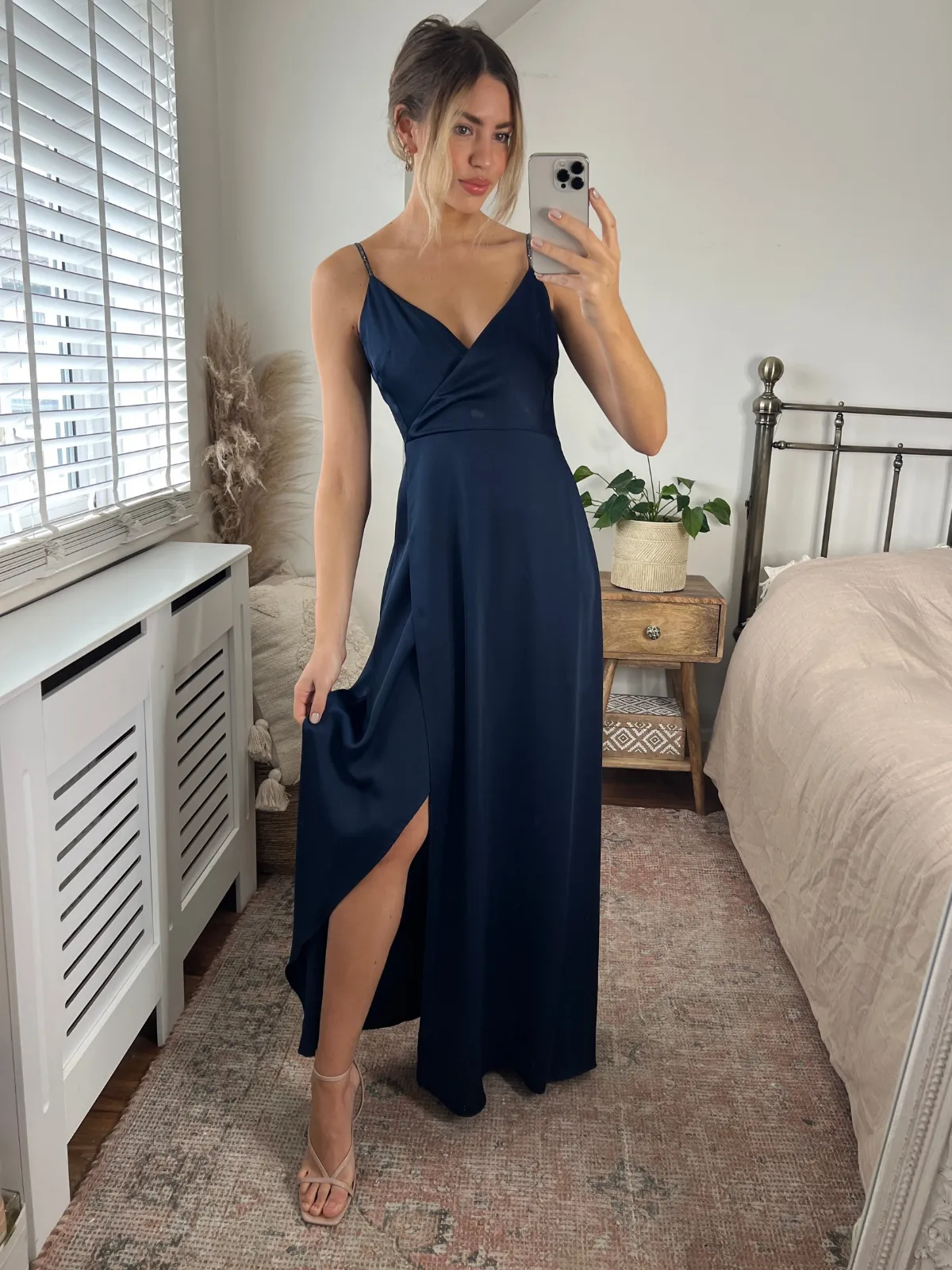 Diamante Strap Maxi Satin Dress / Navy Work Ready