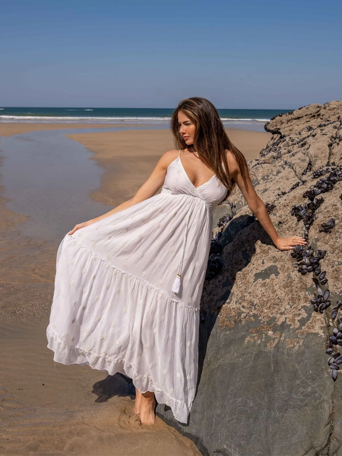 South Beach Marbella Tie Front Sequin Maxi Dress / White Gender Free