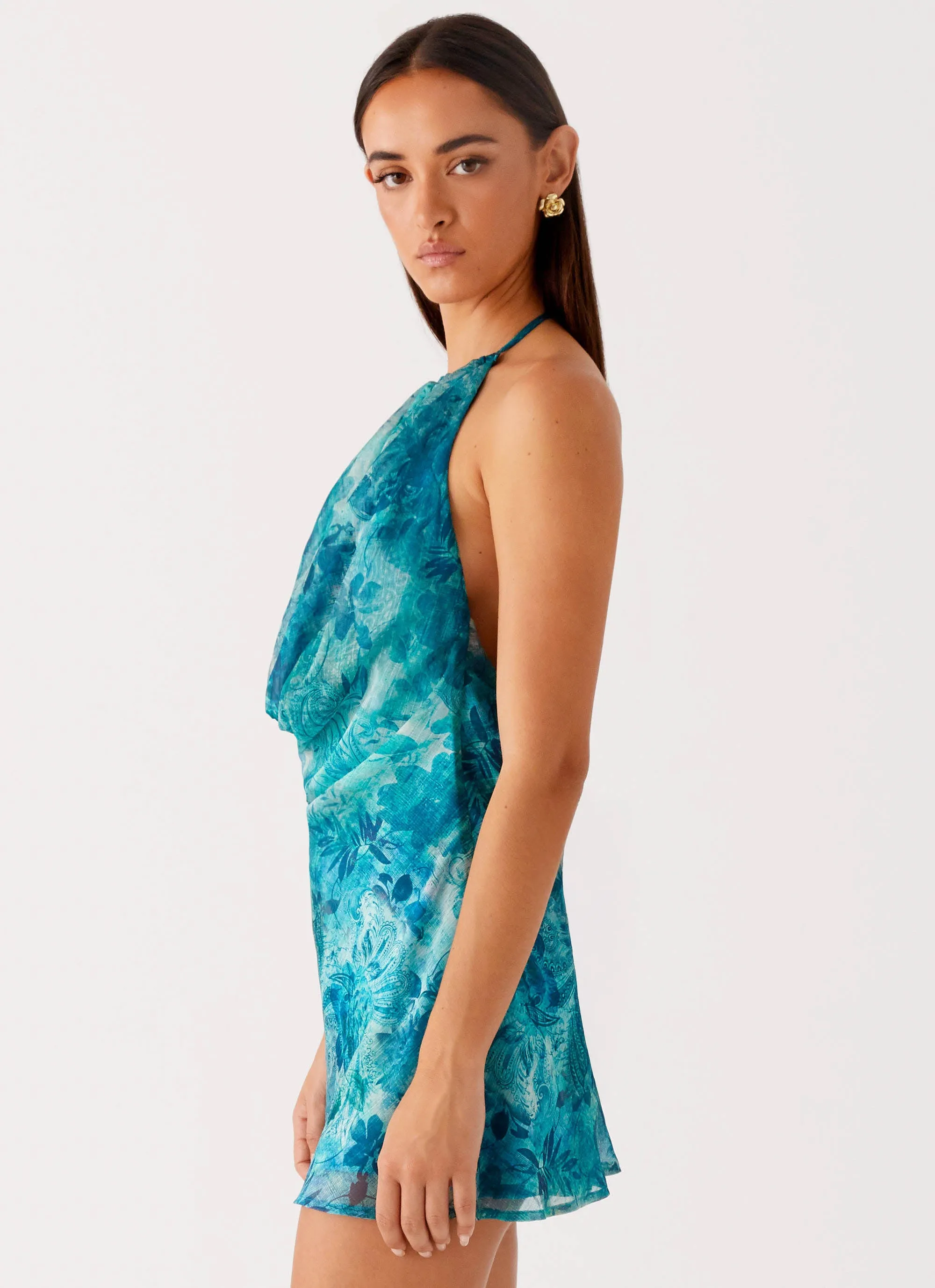 Stretchable Cloth Laser Cut Edge Detail Ele Mini Dress - Teal