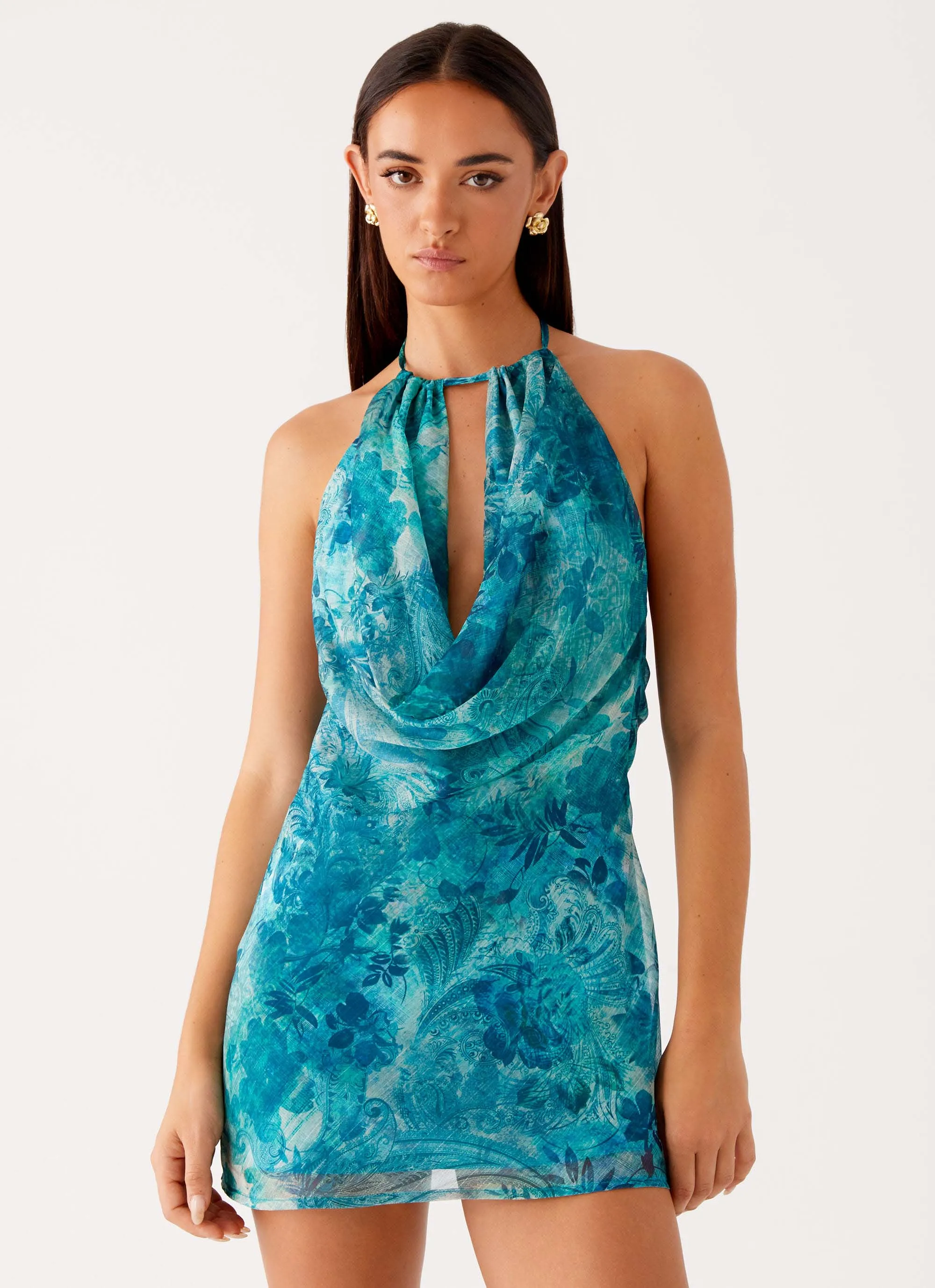 High Neck Ele Mini Dress - Teal