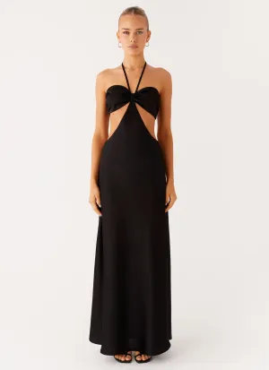 Side slits Sweetheart Cut Out Maxi Dress - Black Structured Collar Sweetheart Cut Out Maxi Dress - Black
