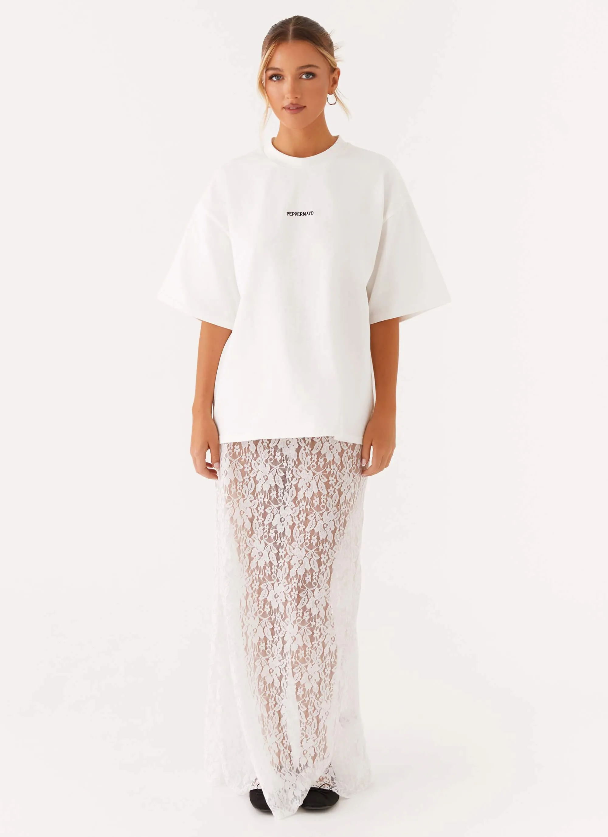 Breathable mesh panel Basic Wardrobe Piece Signature Oversized Tee - White