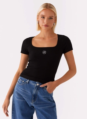 Signature Monogram Square Neck Top - Black FoldableFeature