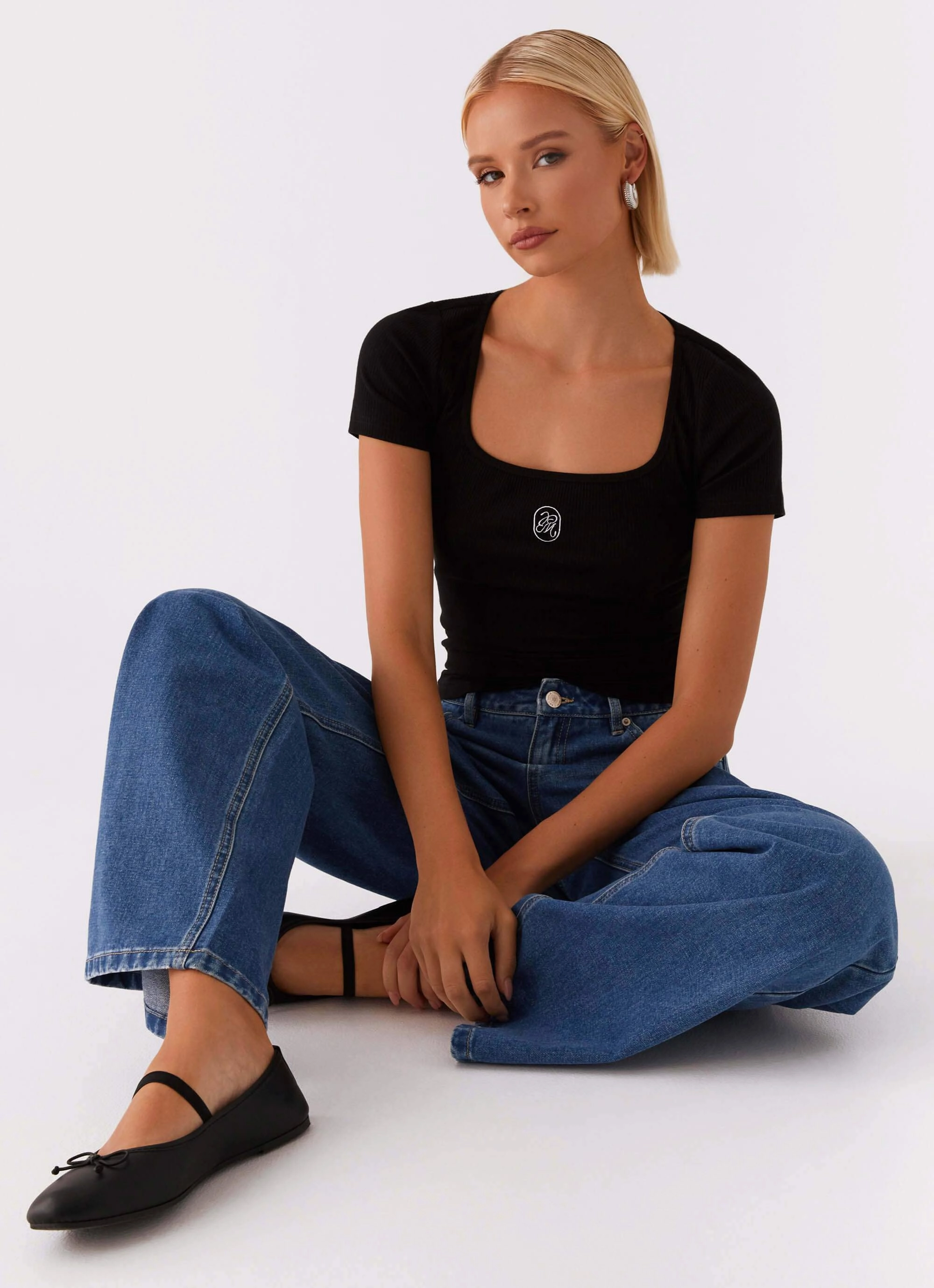 TearResistant Blends Sweat Absorbing Lining Signature Monogram Square Neck Top - Black