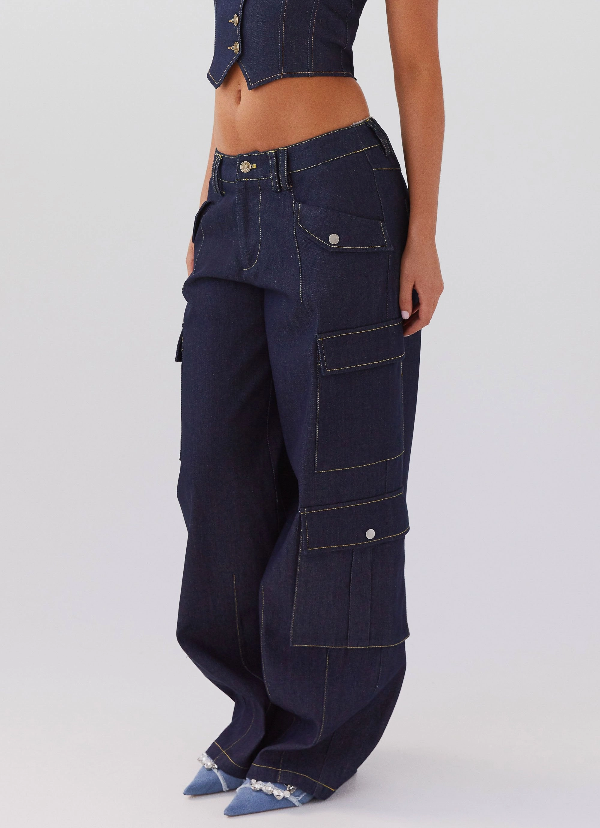 Waterproof Zipper Greedy Denim Cargo Pants - Indigo