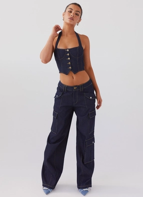 Flexible Joint Mobility Greedy Denim Cargo Pants - Indigo