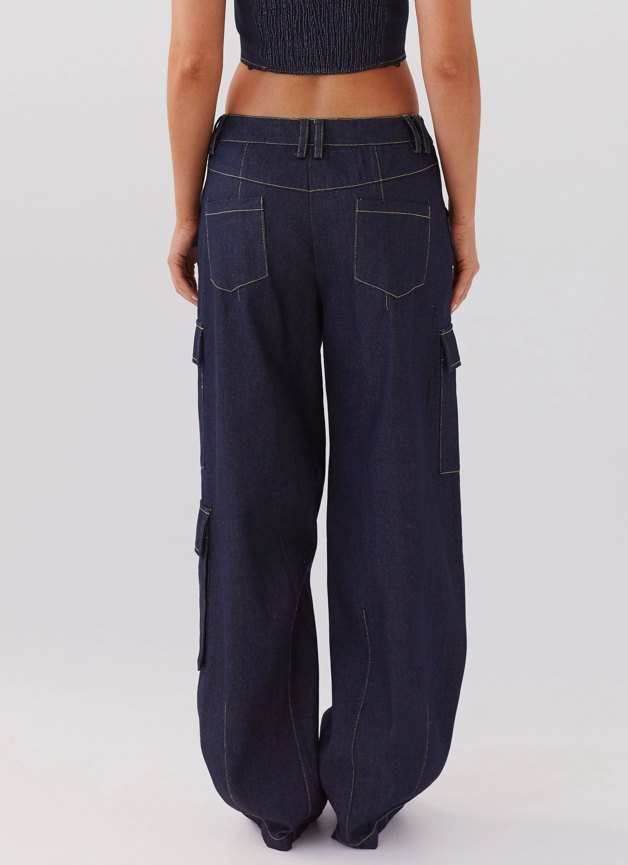 Greedy Denim Cargo Pants - Indigo Zipper Closure Mechanism Minimal Detail
