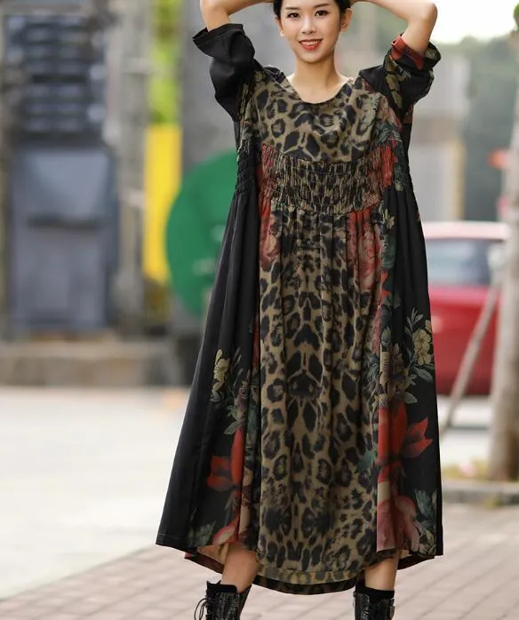 Silk Floral Loose Long Dresses Plus Size Women Dresses