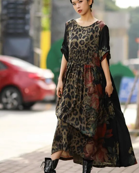 Silk Floral Loose Long Dresses Plus Size Women Dresses