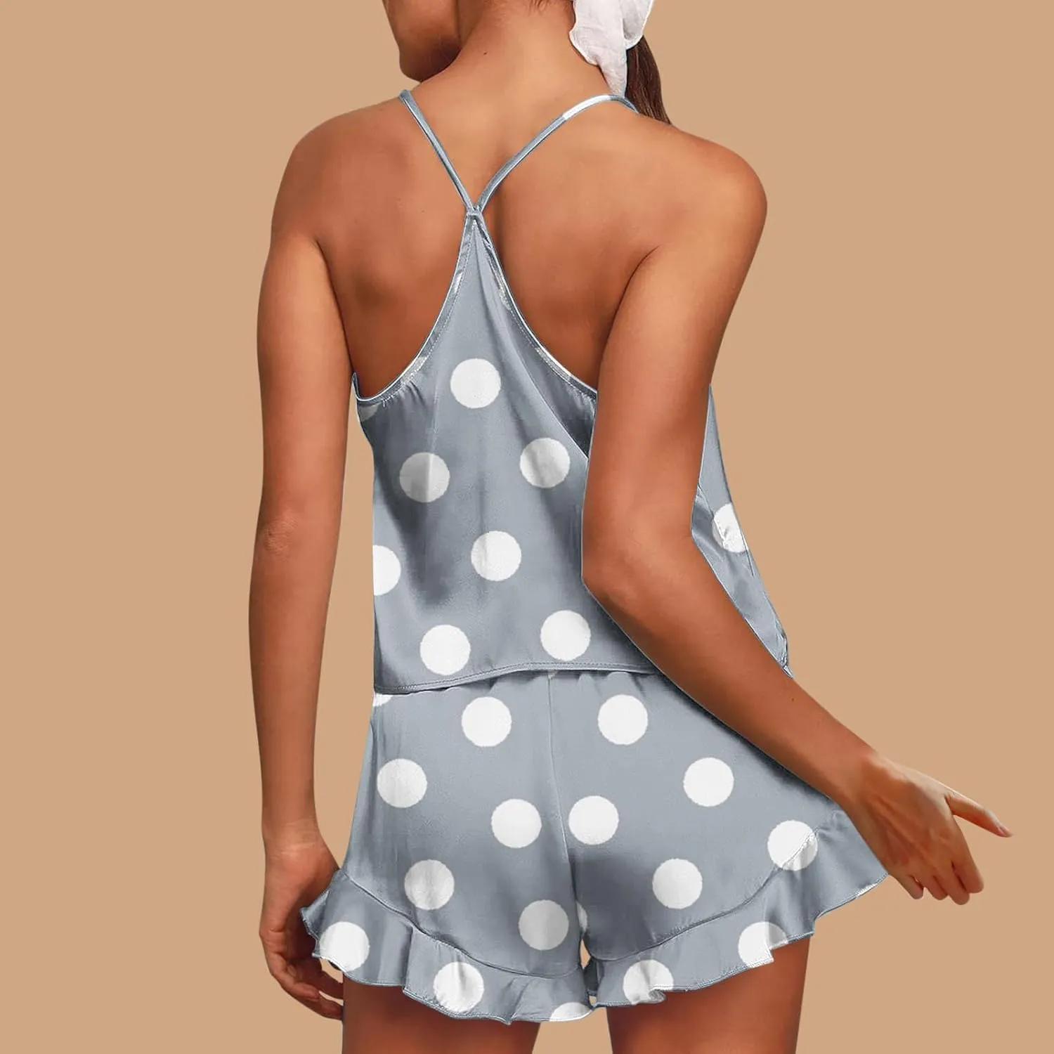 Silk Pajamas Set for Women Satin Camisole Sleepwear Lingerie Polka Dot Print V-Neck Cami Top and Shorts Pjs Loungwear