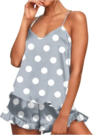 Silk Pajamas Set for Women Satin Camisole Sleepwear Lingerie Polka Dot Print V-Neck Cami Top and Shorts Pjs Loungwear