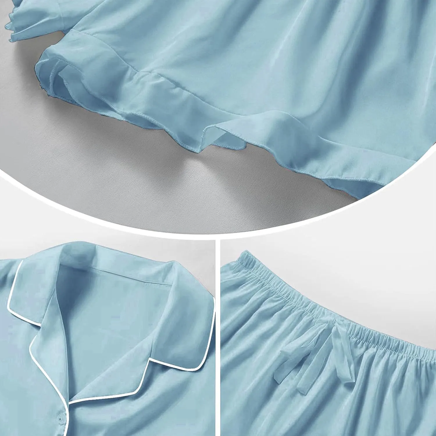 Silk Satin Pajama Sets for Women Button Down Short Sleeve Sleepwear Loose Summer Ruffle Shorts Pjs Loungewear Set