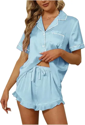 Silk Satin Pajama Sets for Women Button Down Short Sleeve Sleepwear Loose Summer Ruffle Shorts Pjs Loungewear Set