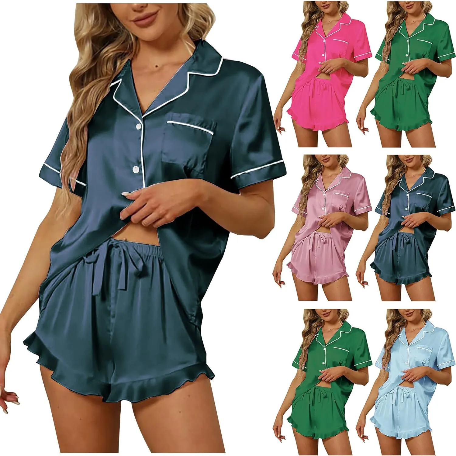 Silk Satin Pajama Sets for Women Button Down Short Sleeve Sleepwear Loose Summer Ruffle Shorts Pjs Loungewear Set