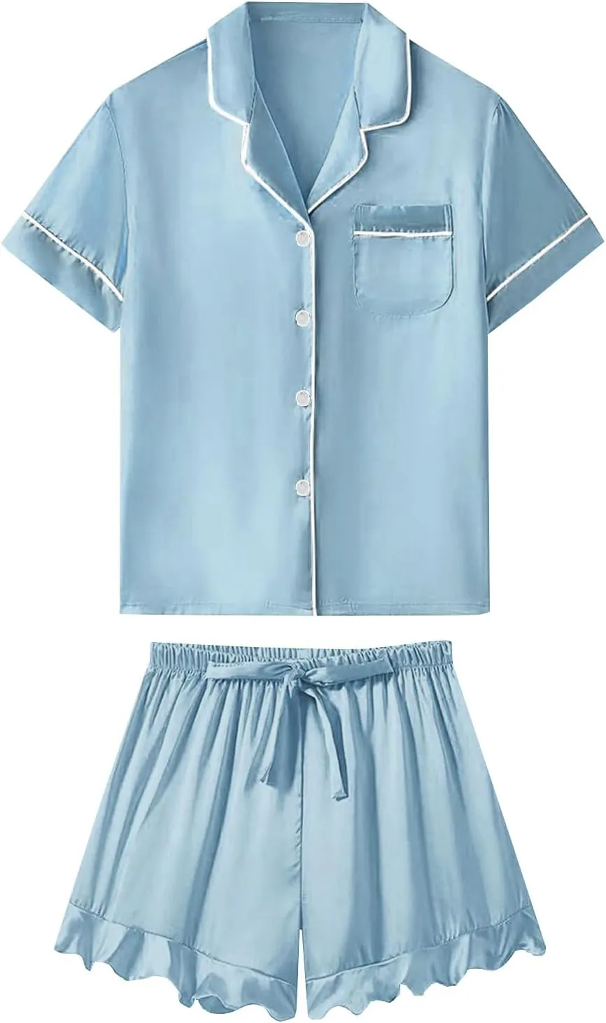 Silk Satin Pajama Sets for Women Button Down Short Sleeve Sleepwear Loose Summer Ruffle Shorts Pjs Loungewear Set