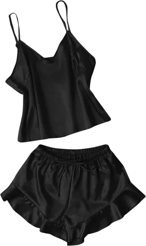 Silk Women Pajamas Set Two Piece Satin Ruffle Hem Backless Cami Top Shorts Pjs Sets Ladies Sexy Loungewear Sleepwear