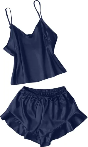 Silk Women Pajamas Set Two Piece Satin Ruffle Hem Backless Cami Top Shorts Pjs Sets Ladies Sexy Loungewear Sleepwear