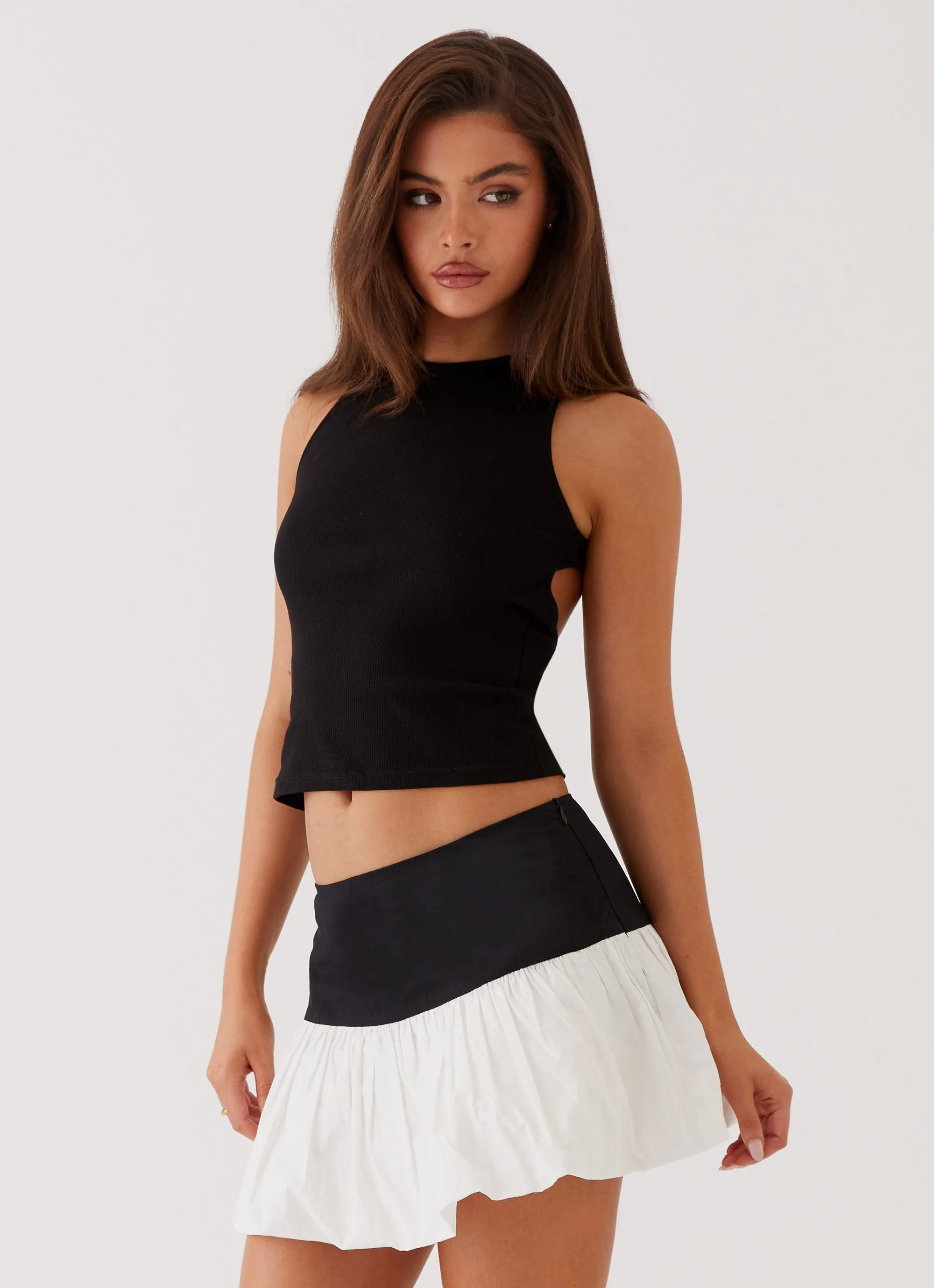 Silk Touch Feminine Charm Riva Bubble Hem Mini Skirt - Black Ivory