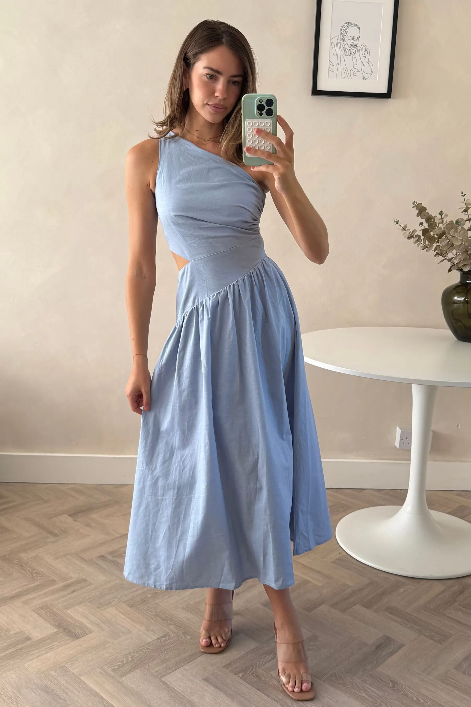 Vibrant Hue Jasmine Cut Out One Shoulder Dress in Baby Blue