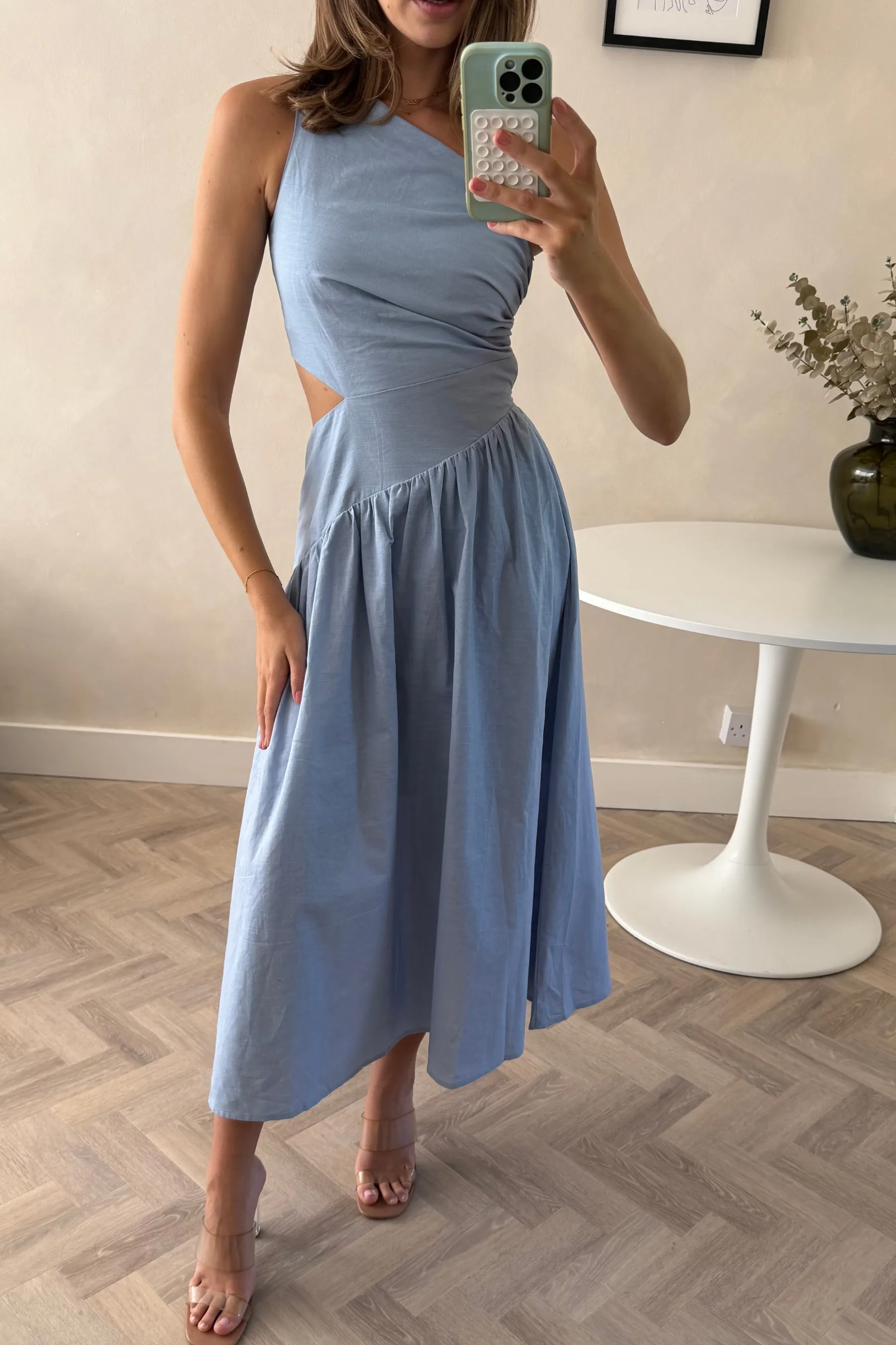SmoothEdgeFinish Sheer Look Jasmine Cut Out One Shoulder Dress in Baby Blue