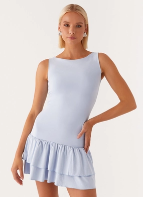 Simple Elegance Wear Rhiannon Frill Mini Dress - Blue Rhiannon Frill Mini Dress - Blue Comfortable office piece Feminine fit-and-flare silhouette